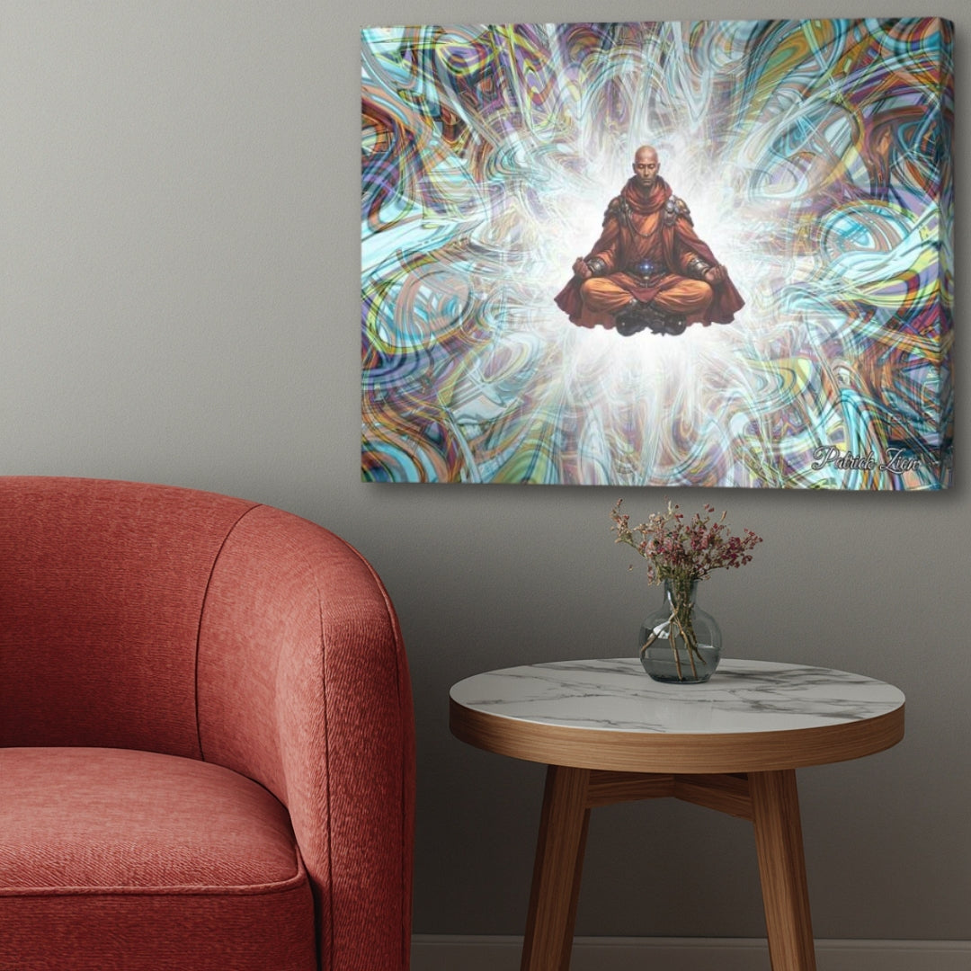 The Avatara- up close spiritual meditation canvas by Patrick Zion presented in refined modern interior, tranquil mystic figure surrounded by luminous abstract energy and peaceful transcendental atmosphere.