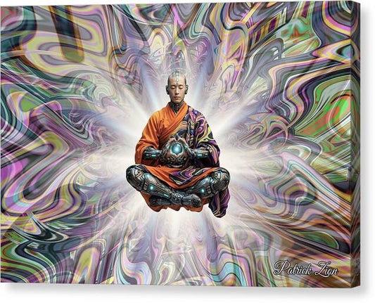 The Chosen One – cyberpunk Shaolin mystic canvas art by Patrick Zion, mirrored edge version depicting a meditating monk levitating within luminous fractal light symbolizing discipline and awakened consciousness.