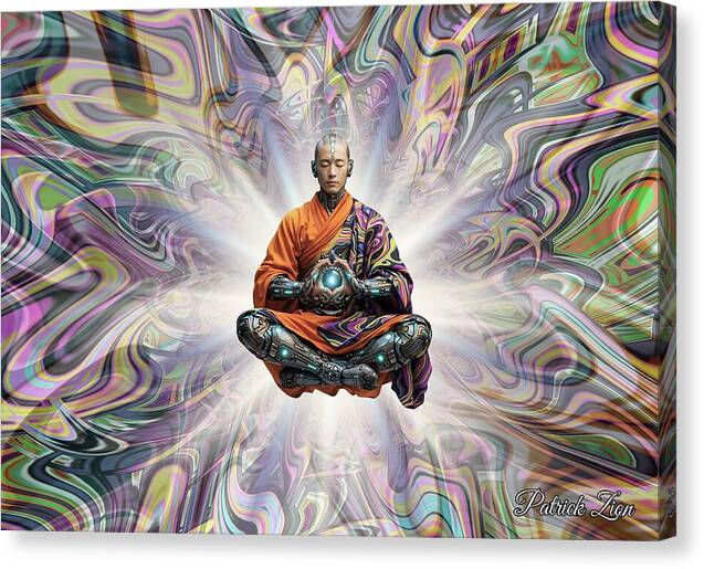 The Chosen One – cyberpunk Shaolin mystic canvas art by Patrick Zion, mirrored edge version depicting a meditating monk levitating within luminous fractal light symbolizing discipline and awakened consciousness.