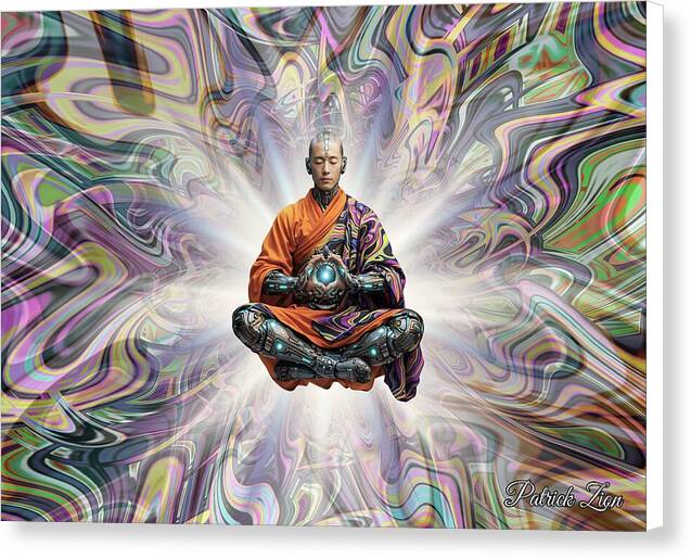 The Chosen One – cyberpunk Shaolin mystic canvas art by Patrick Zion, white edge version showing a calm meditative figure merging ancient Shaolin wisdom with futuristic cybernetic elements and flowing fractal patterns.
