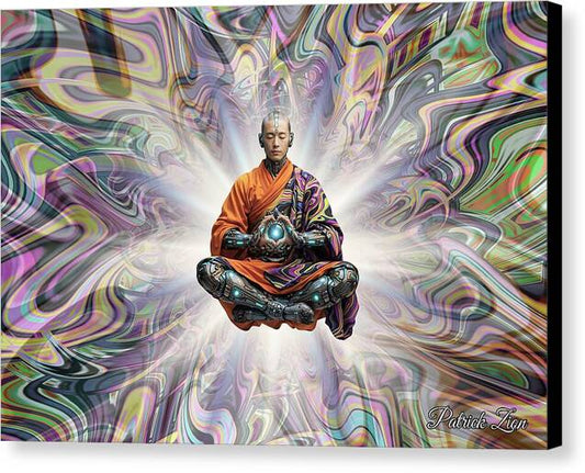 The Chosen One – cyberpunk Shaolin mystic canvas art by Patrick Zion, black edge version featuring a futuristic monk in deep meditation surrounded by radiant psychedelic fractal energy.