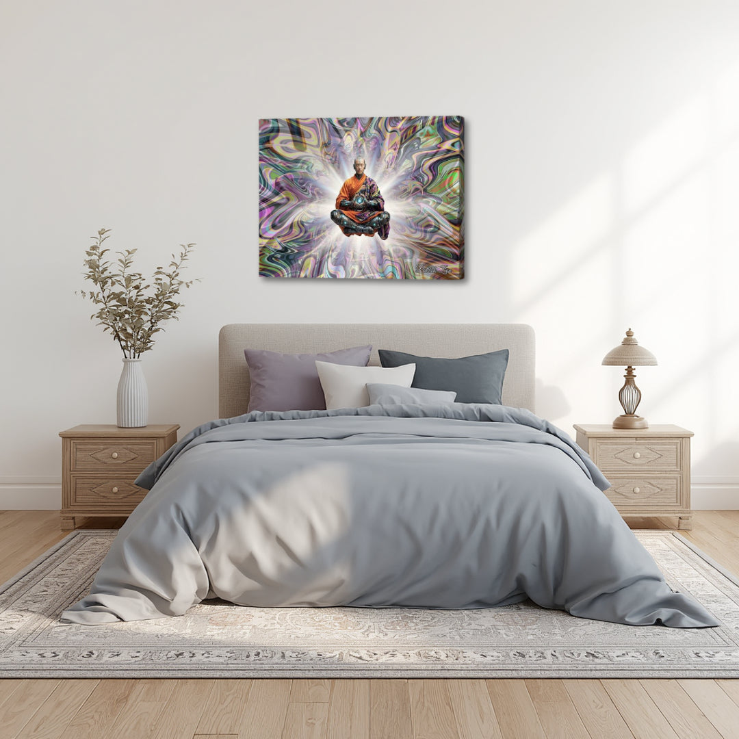The Chosen One – meditation-inspired spiritual fractal canvas art by Patrick Zion above a modern bedroom, featuring a levitating figure surrounded by radiant energy patterns, evoking calm, introspection, and spiritual awakening.
