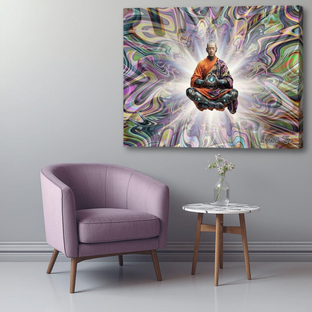 The Chosen One- spiritual awakening canvas wall art by Patrick Zion displayed in refined minimalist interior, levitating enlightened figure radiating ethereal energy through flowing visionary patterns and tranquil cosmic light.