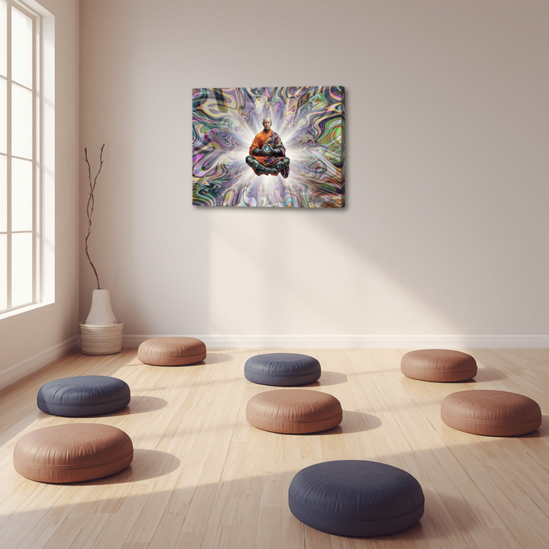 The Chosen One – spiritual fractal canvas art by Patrick Zion displayed in a peaceful meditation space with floor cushions, symbolizing enlightenment, inner power, and the journey toward higher awareness through vibrant fractal energy.