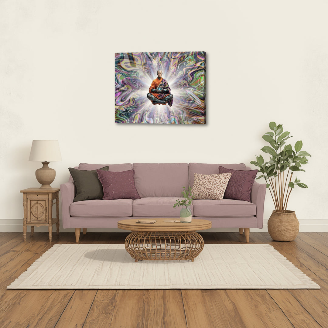 The Chosen One – spiritual fractal canvas art by Patrick Zion displayed above a modern living room sofa, depicting a centered meditative figure within luminous psychedelic patterns, creating a powerful focal point of awareness and higher consciousness.