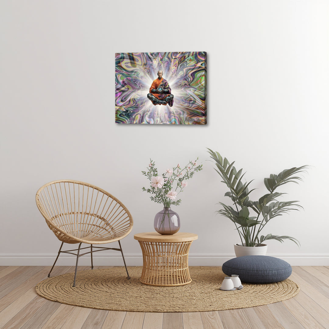 The Chosen One – spiritual fractal canvas art by Patrick Zion displayed in a minimalist boho interior, featuring a meditating figure surrounded by radiant fractal energy, symbolizing awakening, purpose, and inner transformation.