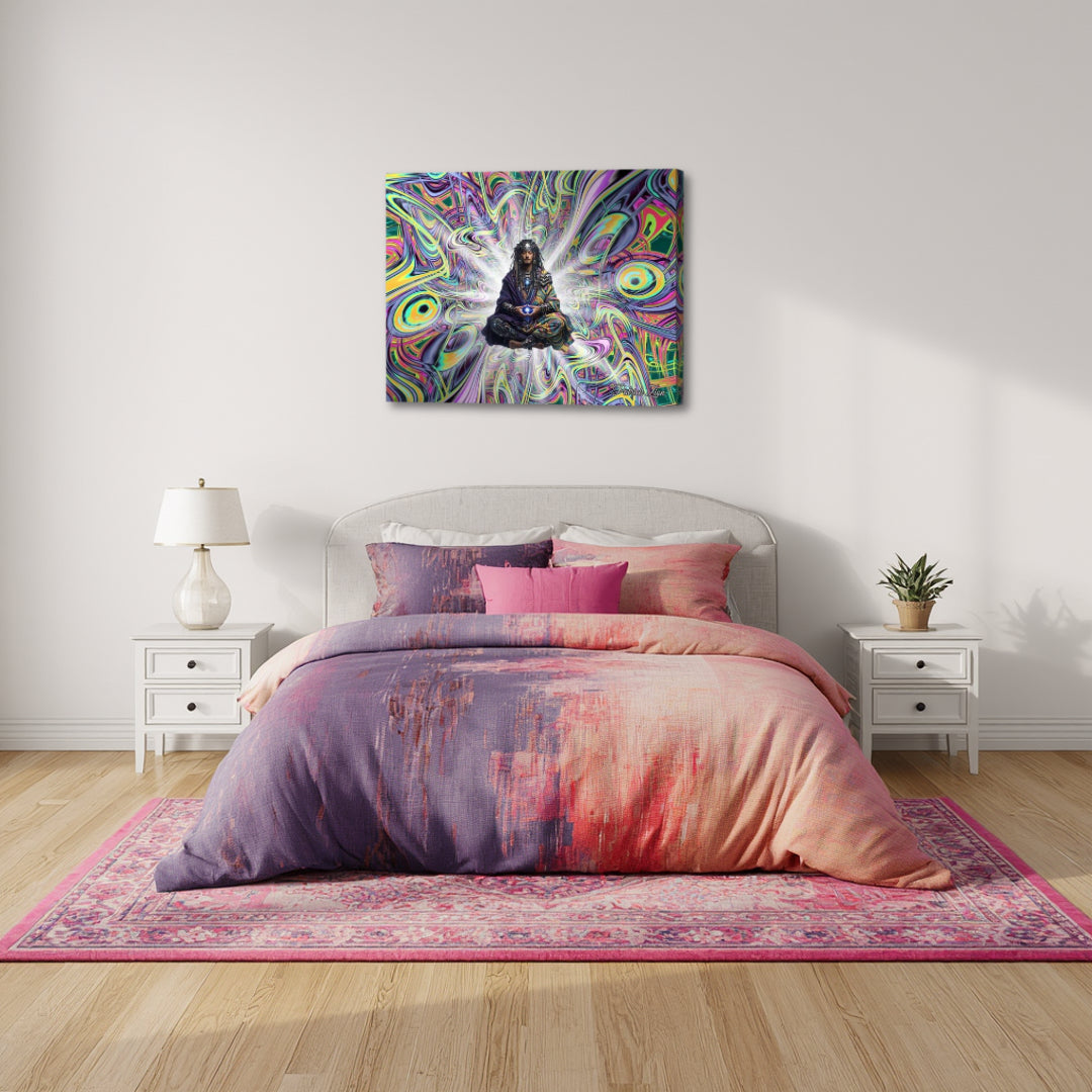 The Dreamwalker – detailed abstract spiritual artwork by Patrick Zion placed above a modern bed, depicting a meditative figure surrounded by vibrant flowing designs, creating a contemplative and immersive atmosphere.

