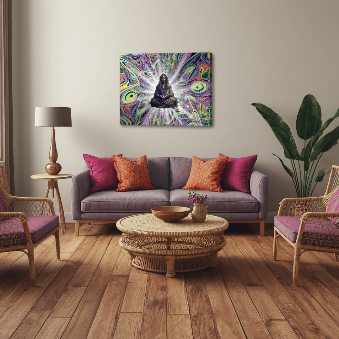 The Dreamwalker – expressive visionary artwork by Patrick Zion in a boho-style living room, featuring a serene figure within swirling psychedelic textures that bring a sense of depth and conscious presence to the space.
