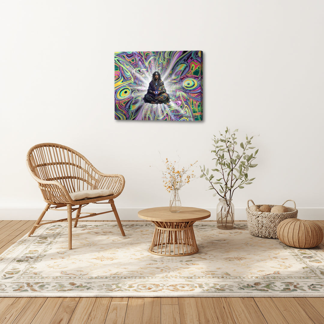 The Dreamwalker – spiritual fractal canvas art by Patrick Zion displayed in a calm, earthy-toned living room with natural textures and minimalist decor, featuring a meditative figure surrounded by vivid psychedelic fractal patterns that symbolize the bridge between grounded reality and expanded states of consciousness.