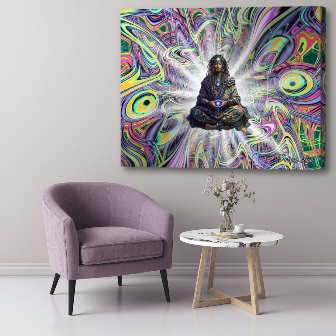 The Dreamwalker- up close psychedelic spiritual wall art by Patrick Zion featured in elegant modern interior, floating spiritual figure surrounded by radiant abstract energy forms and visionary atmosphere.