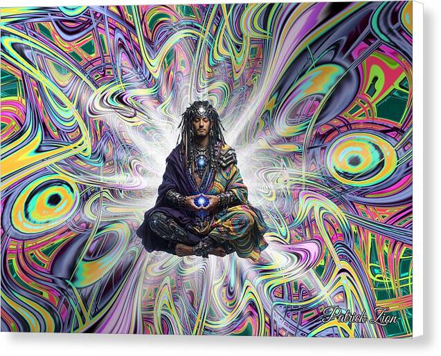 The Dreamwalker – spiritual fractal canvas art by Patrick Zion, white edge version showing a calm meditating figure surrounded by vibrant fractal light and cosmic patterns symbolizing awareness and transcendence.