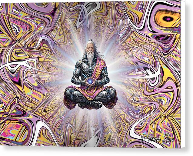 The Droid Druid – spiritual fractal canvas art by Patrick Zion, white edge version showing a calm cyber-sage in meditation merging ancient wisdom with advanced technology and flowing fractal patterns.