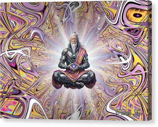 The Droid Druid – spiritual fractal canvas art by Patrick Zion, mirrored edge version depicting a cybernetic elder meditating within luminous psychedelic fractal light symbolizing balance and higher consciousness.
