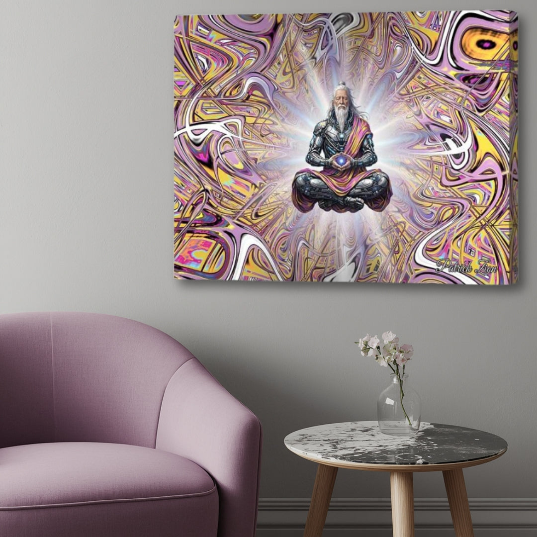 The Droid Druid- futuristic spiritual canvas art by Patrick Zion showcased in sophisticated modern interior, cybernetic sage figure surrounded by radiant abstract frequencies and ethereal cosmic energy.