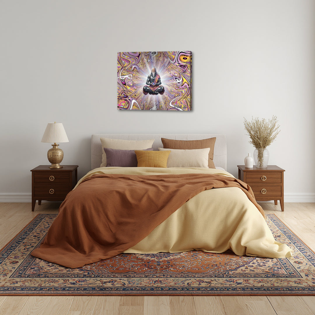 The Droid Druid – spiritual fractal canvas art by Patrick Zion displayed above a bed in a warm-toned bedroom setting, featuring a meditative figure surrounded by intricate flowing patterns and soft radiant light, evoking a sense of ancient wisdom, inner balance, and quiet contemplation.
