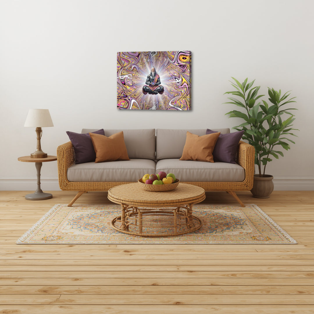 The Droid Druid – spiritual fractal canvas art by Patrick Zion displayed in a cozy living room above a sofa, featuring a meditative figure surrounded by intricate flowing patterns and soft radiant light, creating a warm atmosphere of wisdom, presence, and grounded awareness.