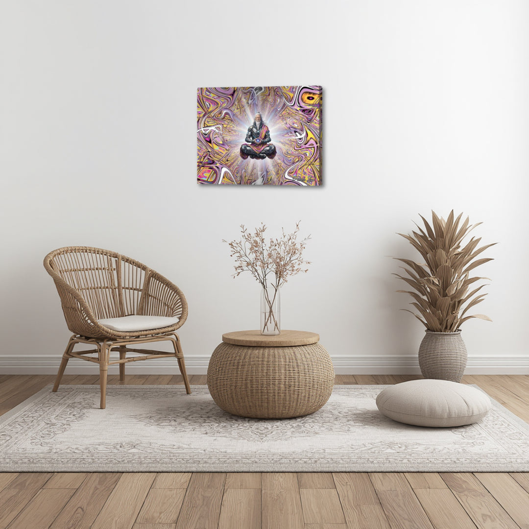 The Droid Druid – spiritual fractal canvas art by Patrick Zion displayed in a neutral minimalist living space with natural textures and soft tones, featuring a meditative figure surrounded by intricate flowing patterns and radiant light, creating a calm atmosphere of balance, clarity, and quiet awareness.
