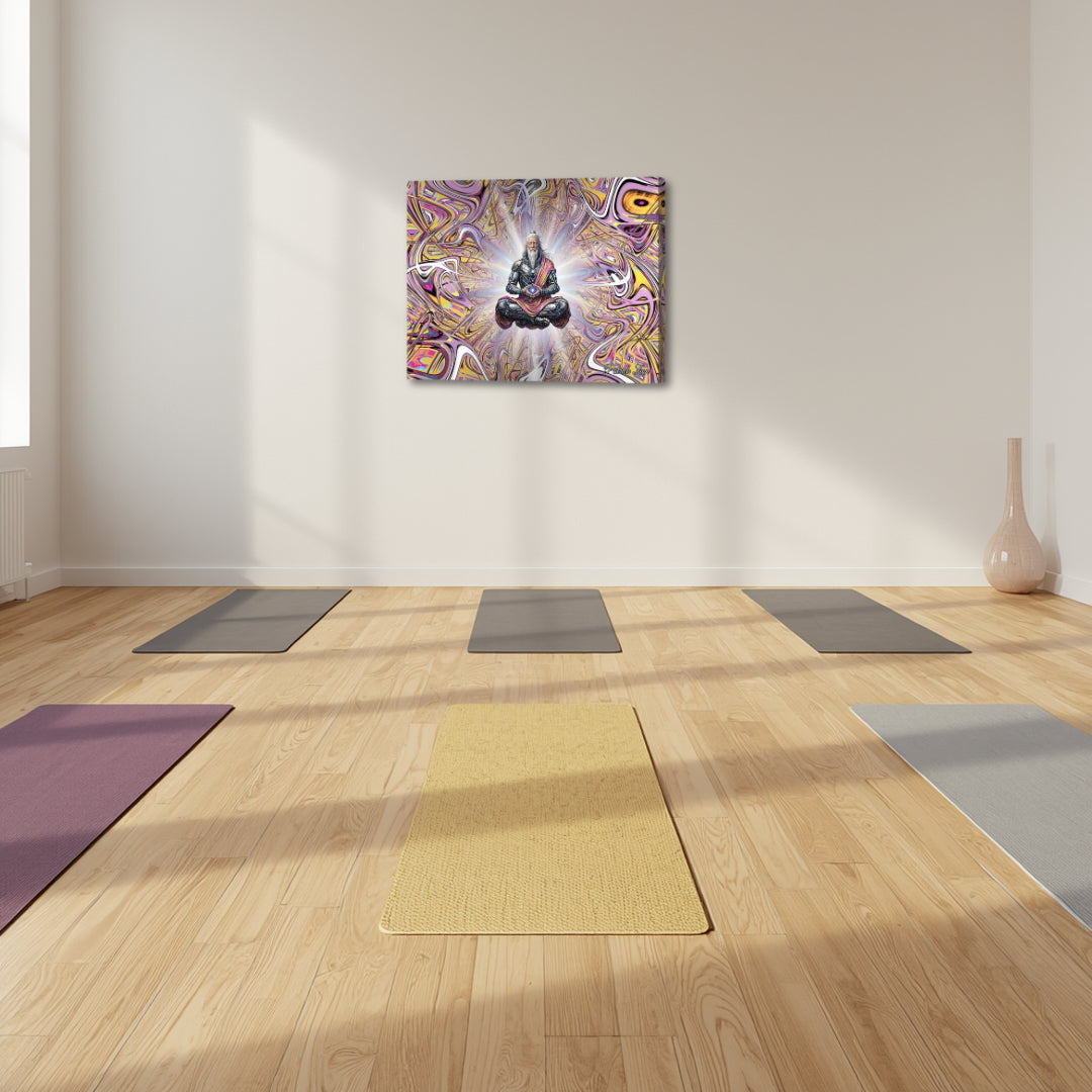 The Droid Druid – spiritual fractal canvas art by Patrick Zion displayed in a minimalist yoga studio with aligned mats, featuring a levitating meditative figure surrounded by intricate flowing patterns and radiant light, creating an atmosphere of focus, balance, and collective mindfulness.