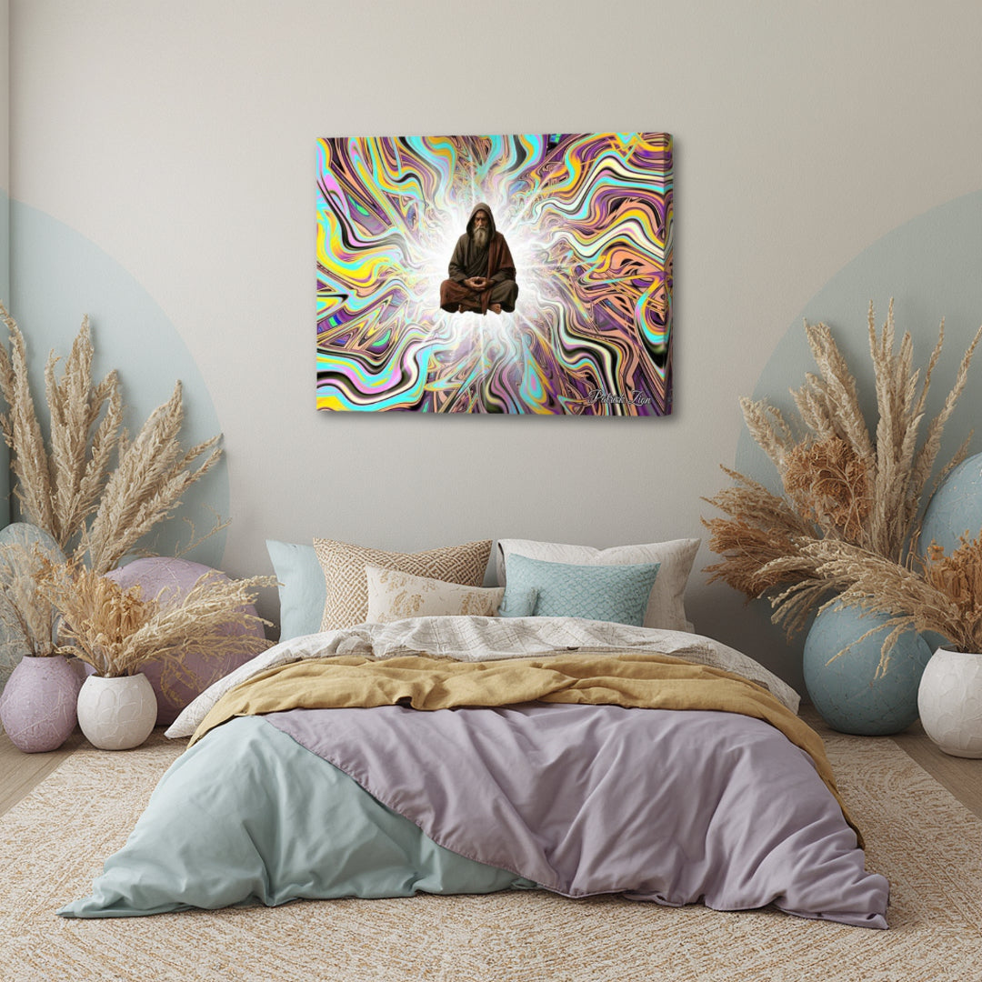 The Elder – spiritual fractal canvas art by Patrick Zion displayed above a cozy bedroom bed, depicting a meditating sage in luminous fractal light with sacred geometry patterns creating a peaceful and dreamlike ambiance.
