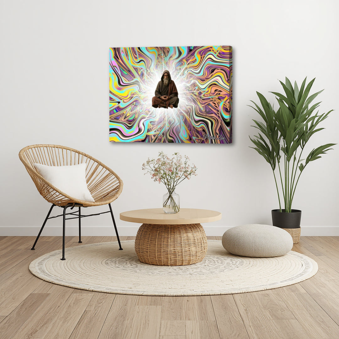 The Elder – visionary spiritual canvas by Patrick Zion displayed in a calm boho-style living space, featuring a wise meditative figure surrounded by flowing colorful fractal patterns, evoking depth, stillness, and timeless awareness.