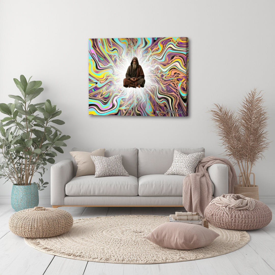 The Elder – spiritual fractal canvas art by Patrick Zion displayed in a modern boho living room, featuring a meditating sage in luminous fractal light with sacred geometry patterns creating a calming and contemplative atmosphere.
