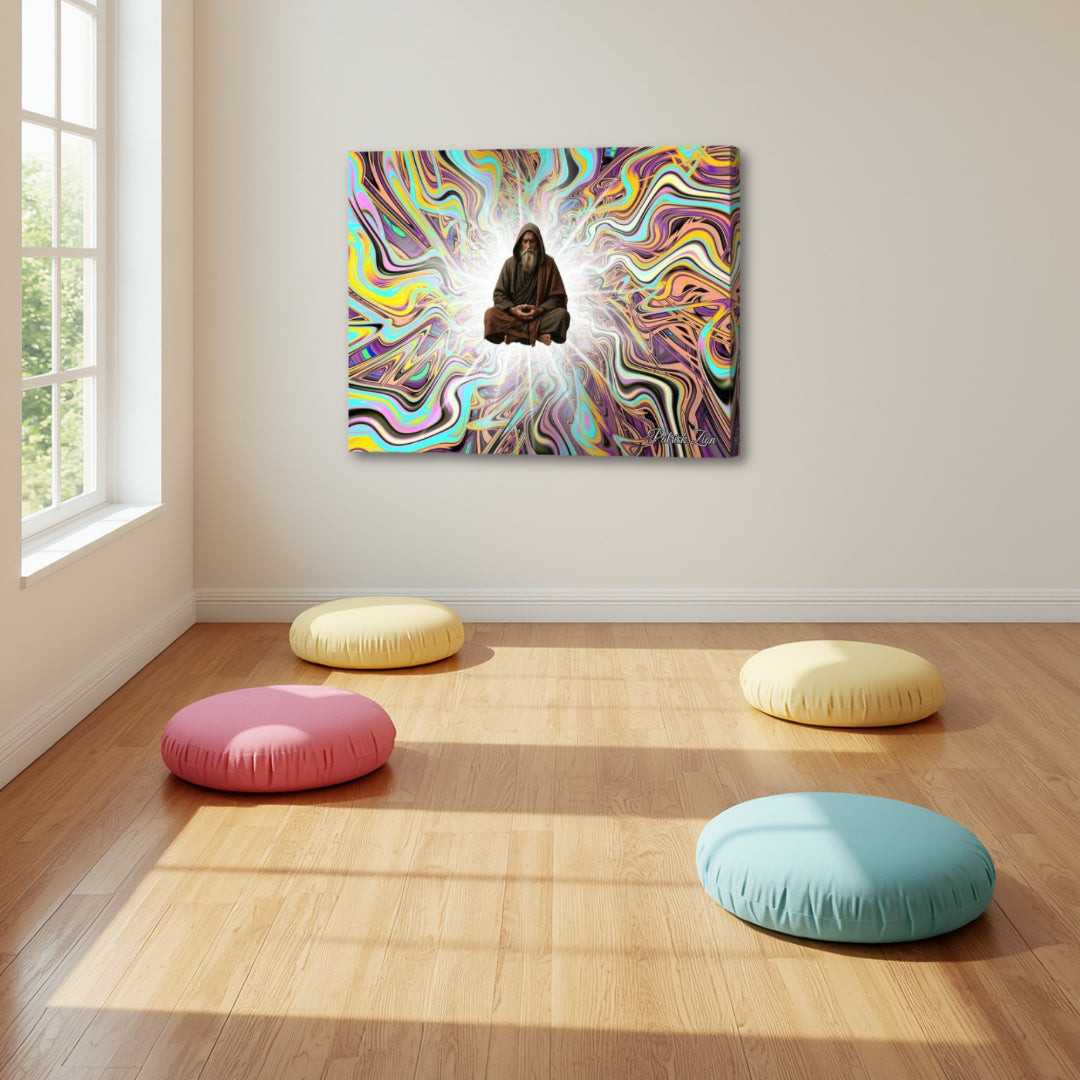 The Elder – spiritual fractal canvas art by Patrick Zion displayed in a serene meditation room, depicting a meditating sage in luminous fractal light with sacred geometry patterns enhancing mindfulness and inner peace.
