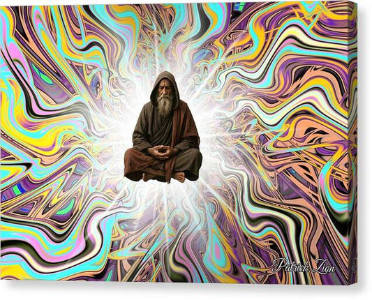 The Elder – spiritual fractal canvas art by Patrick Zion, mirrored edge version depicting a meditating sage in luminous fractal light with reflected edges blending into sacred geometry patterns.