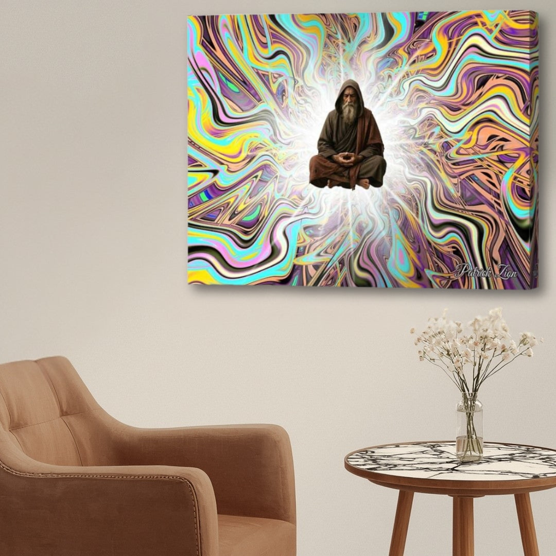 The Elder- up close mystical meditation canvas art by Patrick Zion featured in elegant living room setting, levitating sage figure surrounded by colorful abstract energy patterns and spiritual atmosphere.