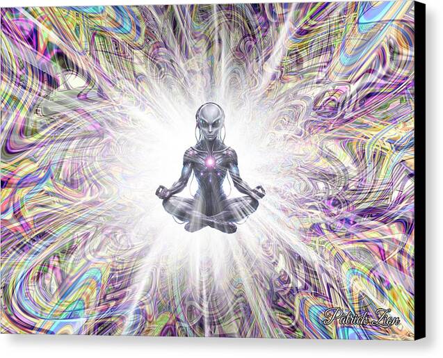 The Future Us – visionary sci-fi spiritual canvas art by Patrick Zion, black edge version featuring a calm cybernetic alien meditating in midair with a glowing heart-light aura, framed by psychedelic fractal swirls and holographic sacred geometry textures.