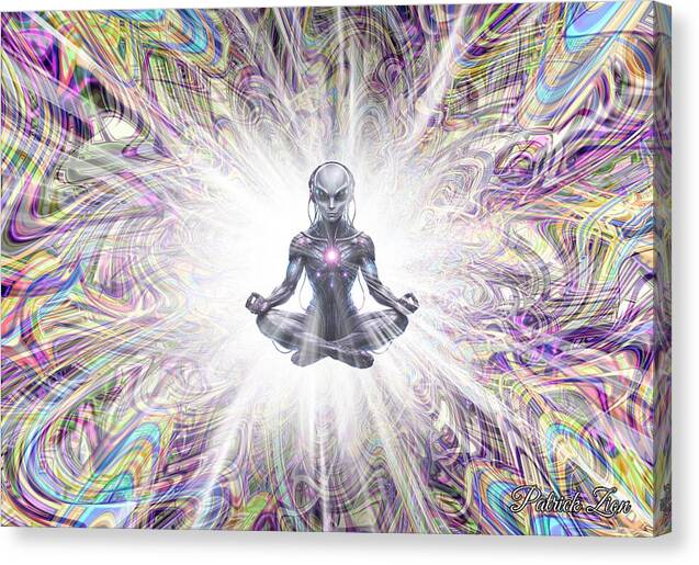 The Future Us – futuristic cyberpunk alien meditation canvas art by Patrick Zion, mirrored edge version depicting a levitating alien in lotus pose within a radiant white light burst, surrounded by iridescent fractal patterns and cosmic energy waves.