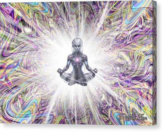 The Future Us – futuristic cyberpunk alien meditation canvas art by Patrick Zion, mirrored edge version depicting a levitating alien in lotus pose within a radiant white light burst, surrounded by iridescent fractal patterns and cosmic energy waves.
