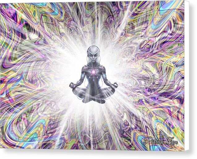 The Future Us – futuristic spiritual fractal canvas art by Patrick Zion, white edge version showing a serene alien in meditative posture floating in luminous cosmic light, with rainbow-toned fractal currents and abstract techno-mystic patterns symbolizing awakening and higher consciousness.
