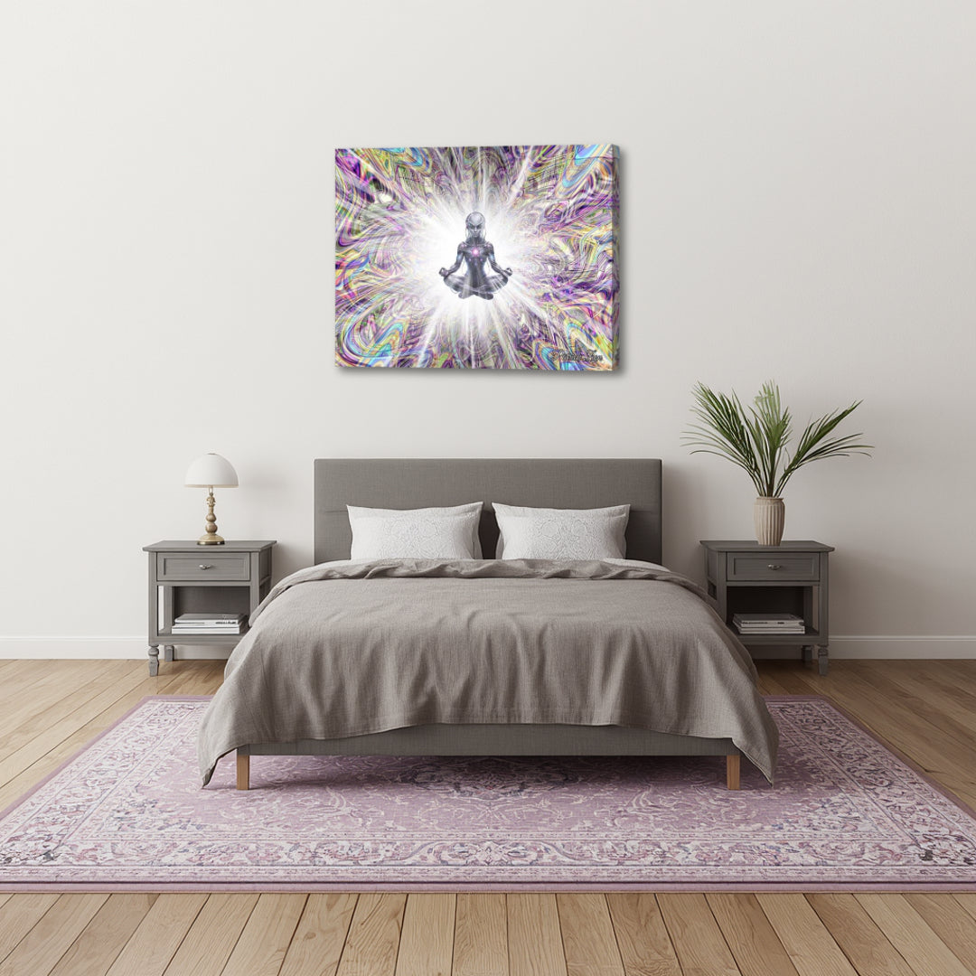 The Future Us artwork by Patrick Zion above a minimalist bedroom, showcasing a futuristic meditating being surrounded by luminous fractal energy and radiant consciousness.