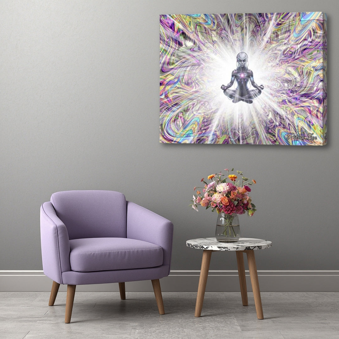 The Future Us – spiritual sci-fi canvas artwork by Patrick Zion featuring a meditating futuristic humanoid surrounded by radiant white light and iridescent fractal patterns. Symbolizing evolution of consciousness, higher intelligence, unity, and humanity’s transcendent future, displayed in a modern interior setting.