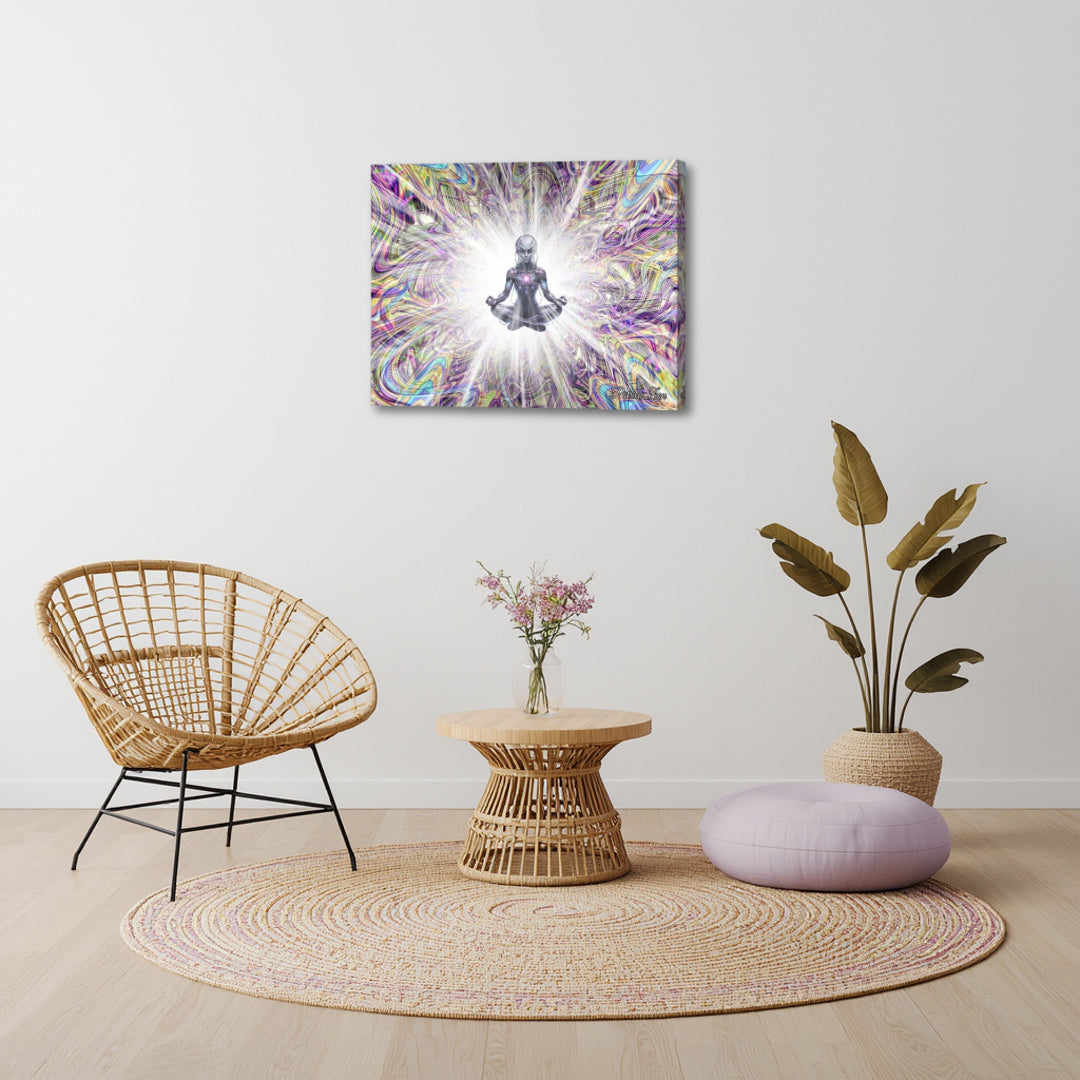 The Future Us by Patrick Zion in a calm boho-style interior, depicting a glowing meditative figure emerging from complex psychedelic fractal geometry and light.