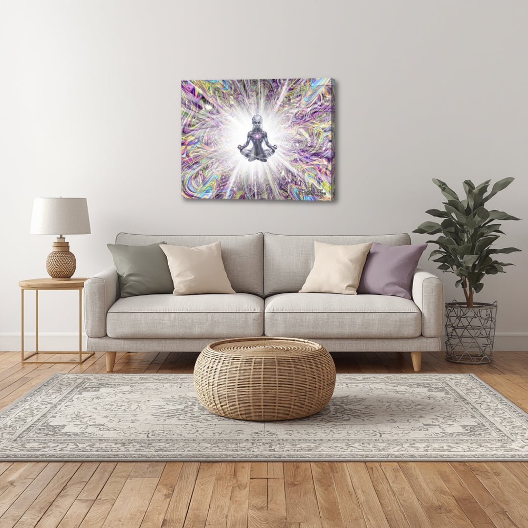 The Future Us by Patrick Zion displayed in a modern living room, featuring a meditative futuristic figure radiating white light within intricate psychedelic fractal patterns.