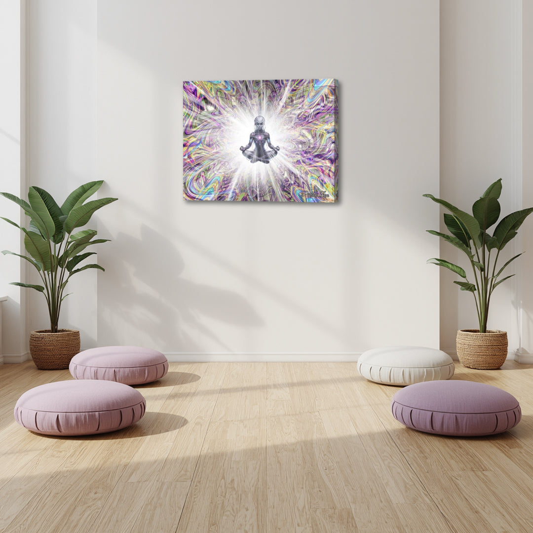 The Future Us by Patrick Zion displayed in a tranquil meditation space, featuring a levitating futuristic figure surrounded by radiant fractal light and symbolic consciousness energy.
