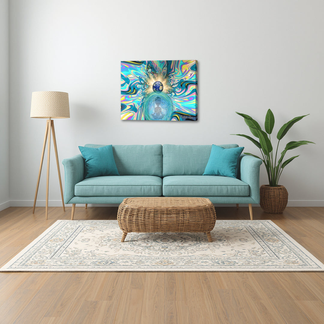 The Gods Among Us – mystical abstract fractal canvas art by Patrick Zion displayed above a modern living room sofa, featuring an ethereal human figure beneath a radiant Earth with vibrant cosmic patterns, creating a thought-provoking and transformative focal point.
