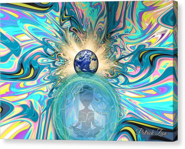 The Gods Among Us – mystical fractal canvas print by Patrick Zion, mirrored edge version depicting an ethereal being suspended between dimensions under a radiant Earth, representing the fusion of human and divine energy.