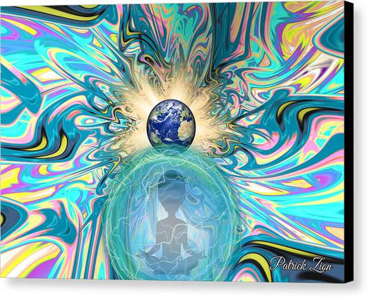 The Gods Among Us – visionary fractal canvas art by Patrick Zion, black edge version portraying an interdimensional being meditating between worlds, surrounded by vibrant swirling energy and illuminated Earth above symbolizing divine consciousness.