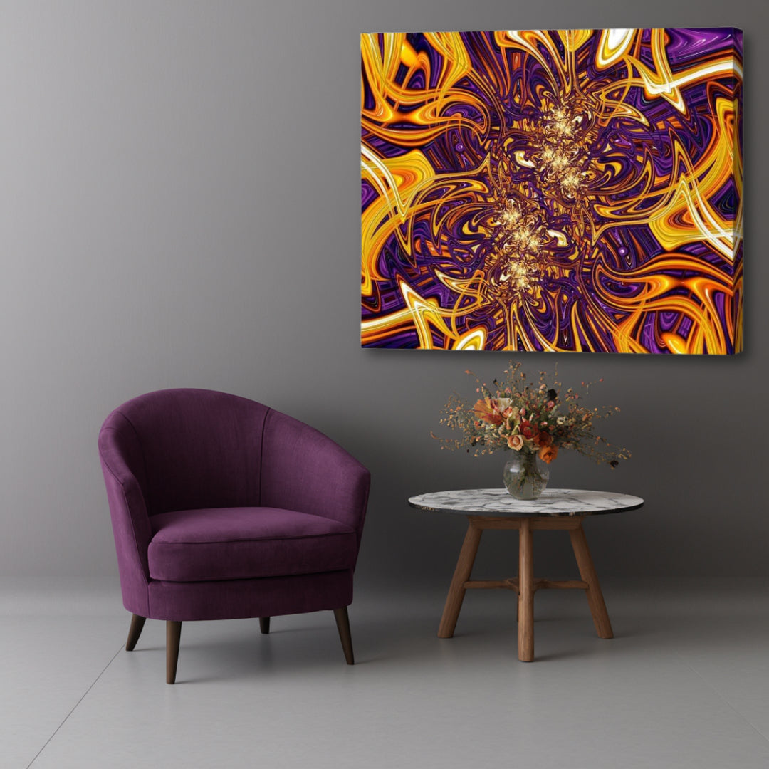 The Gordian Knot – abstract psychedelic fractal canvas artwork by Patrick Zion displayed in a modern interior with an up-close perspective, featuring intricate golden energy strands, tangled multidimensional patterns, and flowing neon abstractions in deep purple and amber tones.