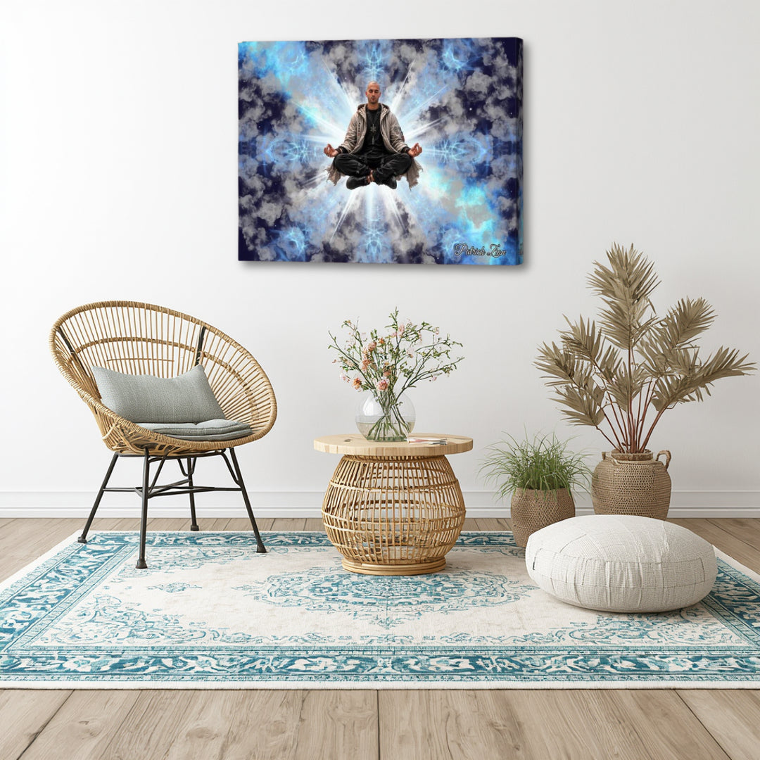 The Inner Temple canvas wall art by Patrick Zion displayed in a minimal boho style corner with a rattan chair, woven table, floor cushion, and natural plants. The artwork features a meditating figure levitating before radiant white light, surrounded by luminous blue clouds and celestial energy, creating an atmosphere of inner peace, mindfulness, spiritual awakening, and quiet contemplation.