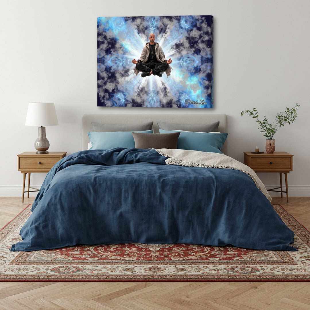 The Inner Temple canvas wall art by Patrick Zion displayed in a modern bedroom setting above a bed with deep blue bedding. The artwork depicts a meditating figure levitating before radiant white light, surrounded by luminous blue clouds and celestial energy, evoking inner peace, spiritual awakening, mindfulness, and quiet contemplation.