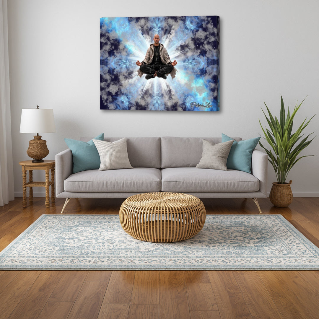 The Inner Temple canvas wall art by Patrick Zion displayed in a modern living room setting above a light gray sofa. The artwork portrays a meditating figure levitating before radiant white light, surrounded by luminous blue clouds and celestial energy, creating an atmosphere of inner peace, spiritual awakening, higher consciousness, and contemplative stillness.