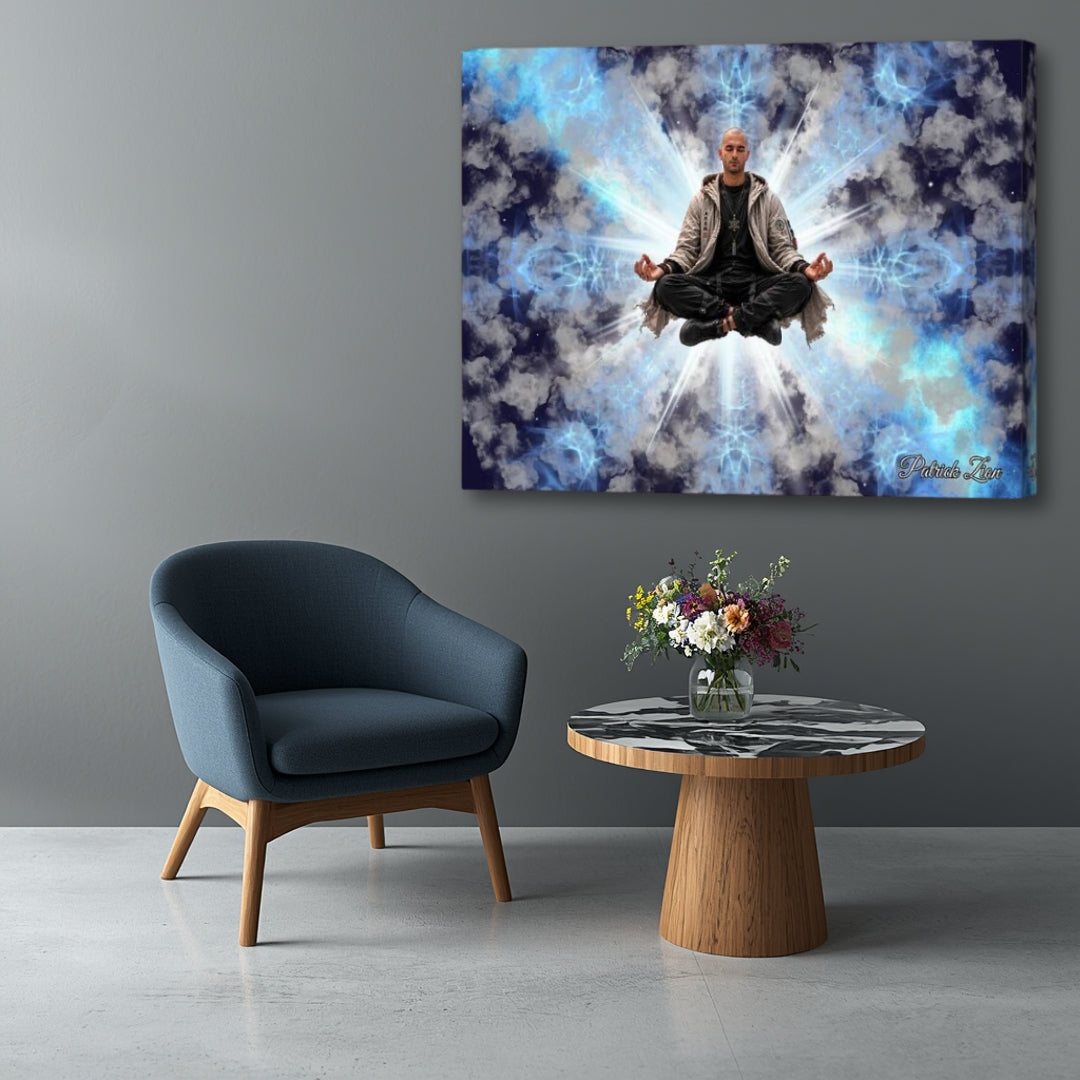 The Inner Temple canvas wall art by Patrick Zion shown in an up-close view within a modern lounge setting, featuring a serene meditating figure levitating before radiant white light, surrounded by ethereal blue clouds and celestial energy patterns that evoke inner awakening, spiritual stillness, self-discovery, and higher consciousness.