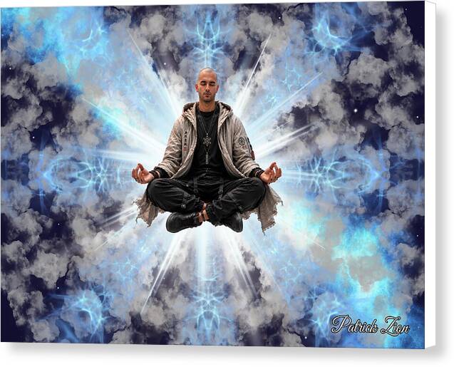 The Inner Temple spiritual fractal wall art canvas print by Patrick Zion with white edges, showcasing a tranquil floating meditator framed by radiant blue fractal energy and ethereal clouds.