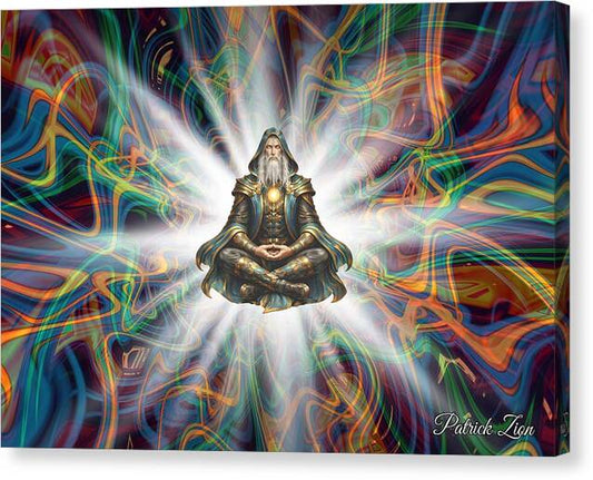 The Logos – spiritual fractal canvas art by Patrick Zion, mirrored edge version depicting a meditating sage levitating in radiant fractal light with flowing sacred geometry patterns.