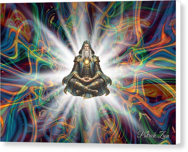 The Logos – spiritual fractal canvas art by Patrick Zion, white edge version showing a timeless elder in meditation surrounded by luminous sacred geometry and cosmic fractal energy.
