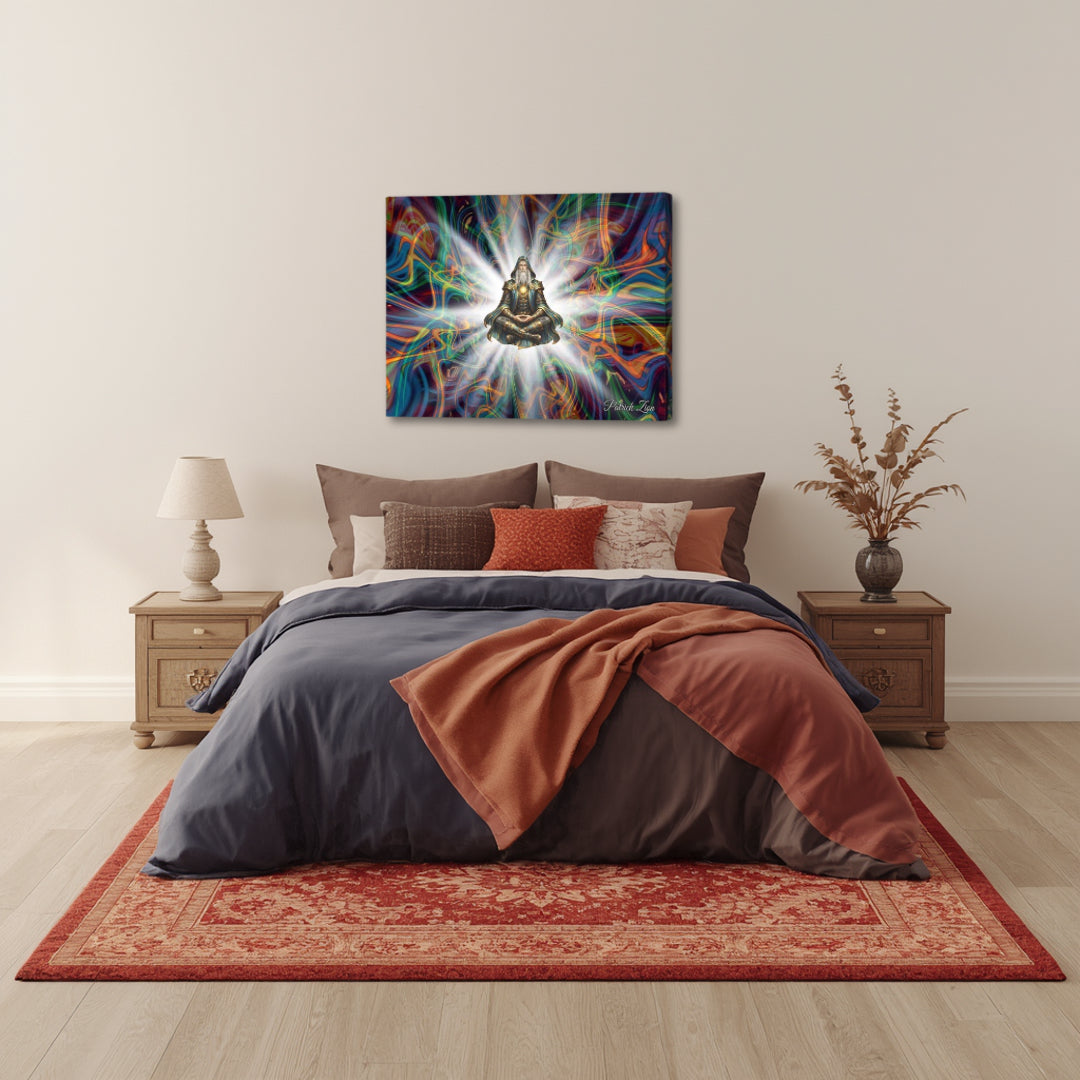 The Logos – mystical abstract canvas by Patrick Zion shown above a warm-toned bedroom setting, depicting a meditative figure illuminated by vibrant energy streams, creating a tranquil and contemplative atmosphere.
