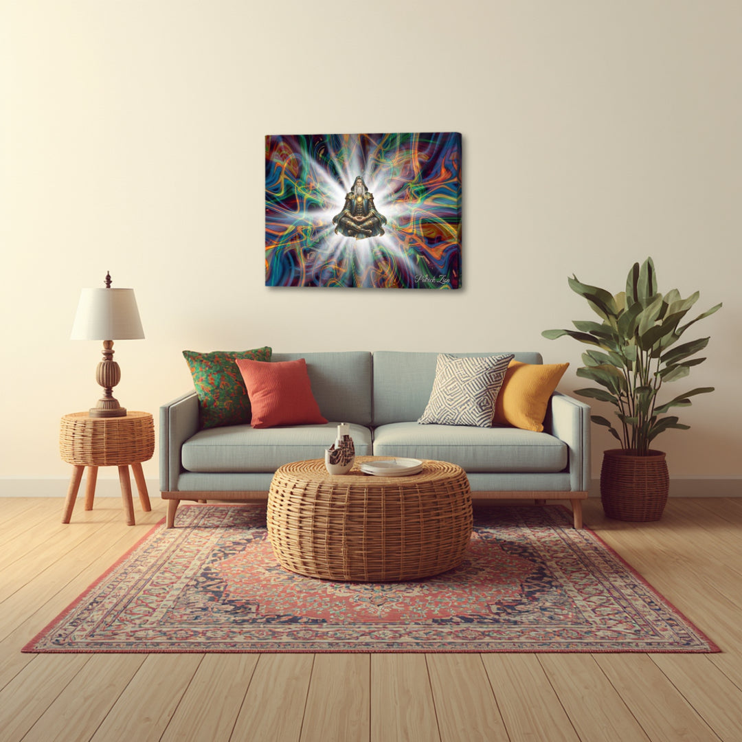 The Logos – expressive spiritual artwork by Patrick Zion featured in a modern living space, showcasing a floating sage within luminous fractal currents, adding depth, meaning, and visual intrigue to the room.